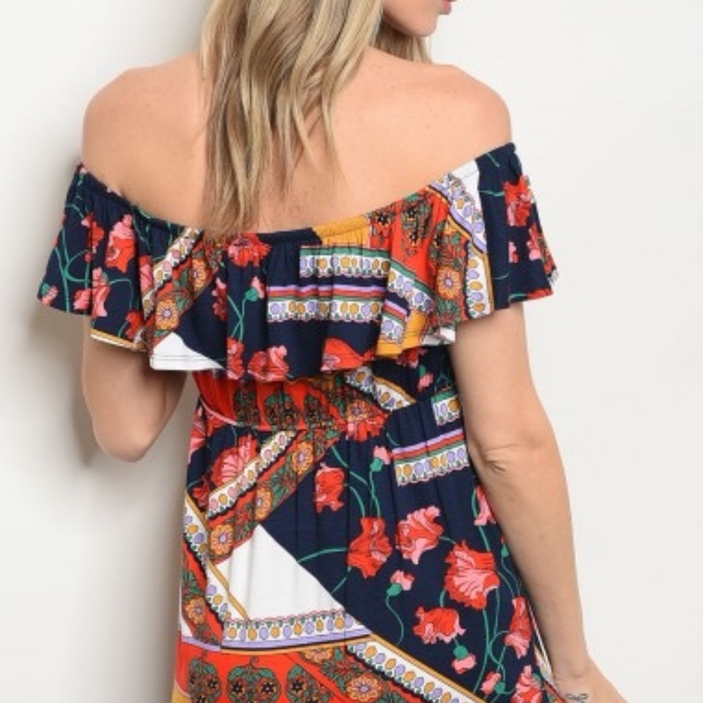 Off Shoulder Floral & Patchwork Dress - Picture 3 of 8